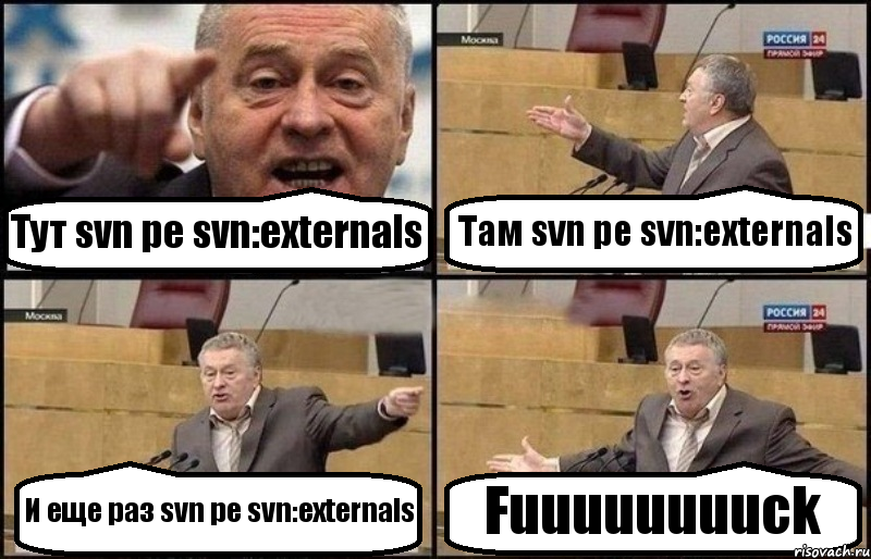 Тут svn pe svn:externals Там svn pe svn:externals И еще раз svn pe svn:externals Fuuuuuuuuck