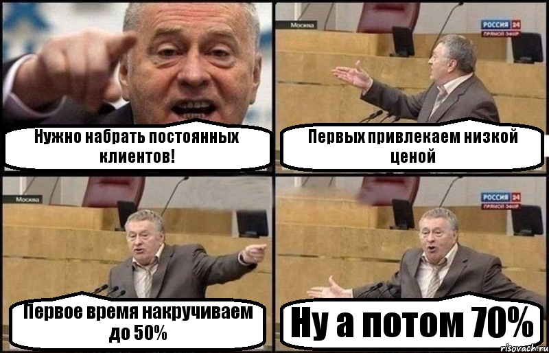 Нужно набрать постоянных клиентов! Первых привлекаем низкой ценой Первое время накручиваем до 50% Ну а потом 70%