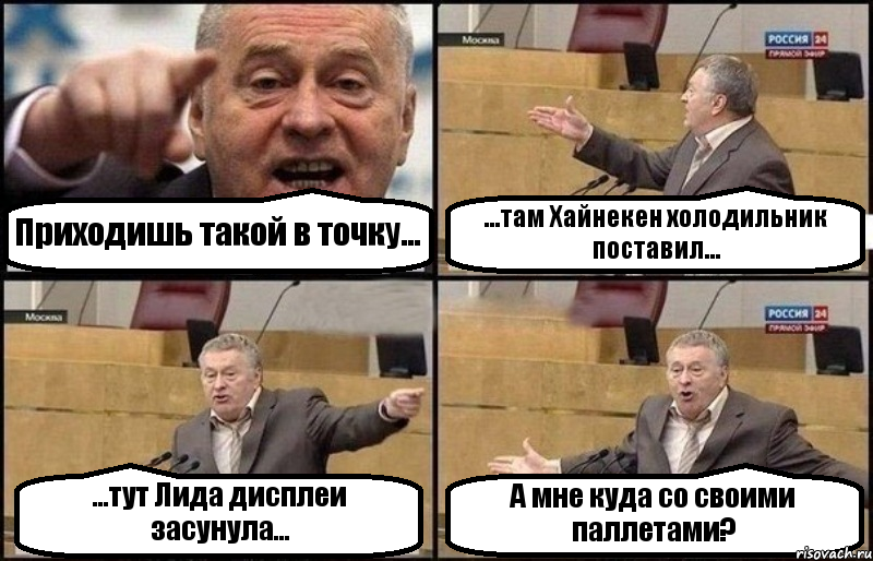 Приходишь такой в точку... ...там Хайнекен холодильник поставил... ...тут Лида дисплеи засунула... А мне куда со своими паллетами?