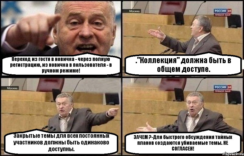 Переход из гостя в новичка - через полную регистрацию, из новичка в пользователя - в ручном режиме! ."Коллекция" должна быть в общем доступе. Закрытые темы для всех постоянных участников должны быть одинаково доступны. ЗАЧЕМ ?-Для быстрого обсуждения тайных планов создаются убиваемые темы. НЕ СОГЛАСЕН!