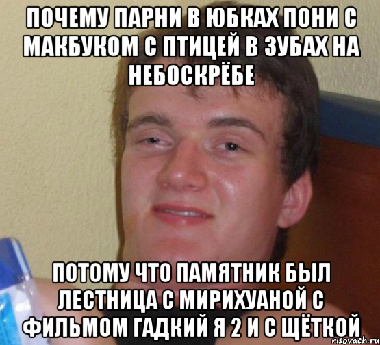 почему парни в юбках пони с макбуком с птицей в зубах на небоскрёбе потому что памятник был лестница с мирихуаной с фильмом гадкий я 2 и с щёткой, Мем 10 guy (Stoner Stanley really high guy укуренный парень)