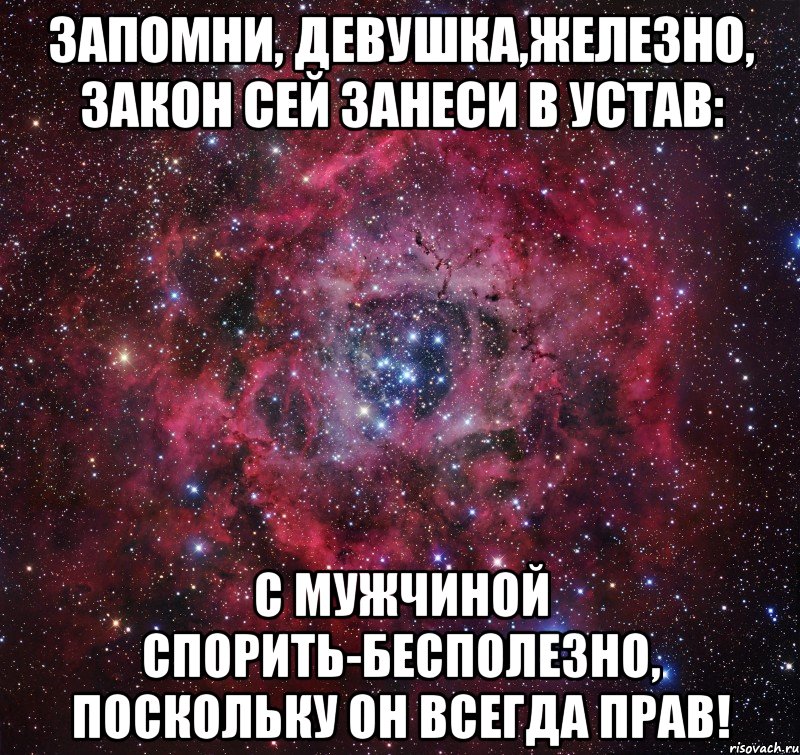 Запомни, девушка,железно, Закон сей занеси в устав: с мужчиной спорить-бесполезно, Поскольку он всегда прав!, Мем Андрей ты просто Космос