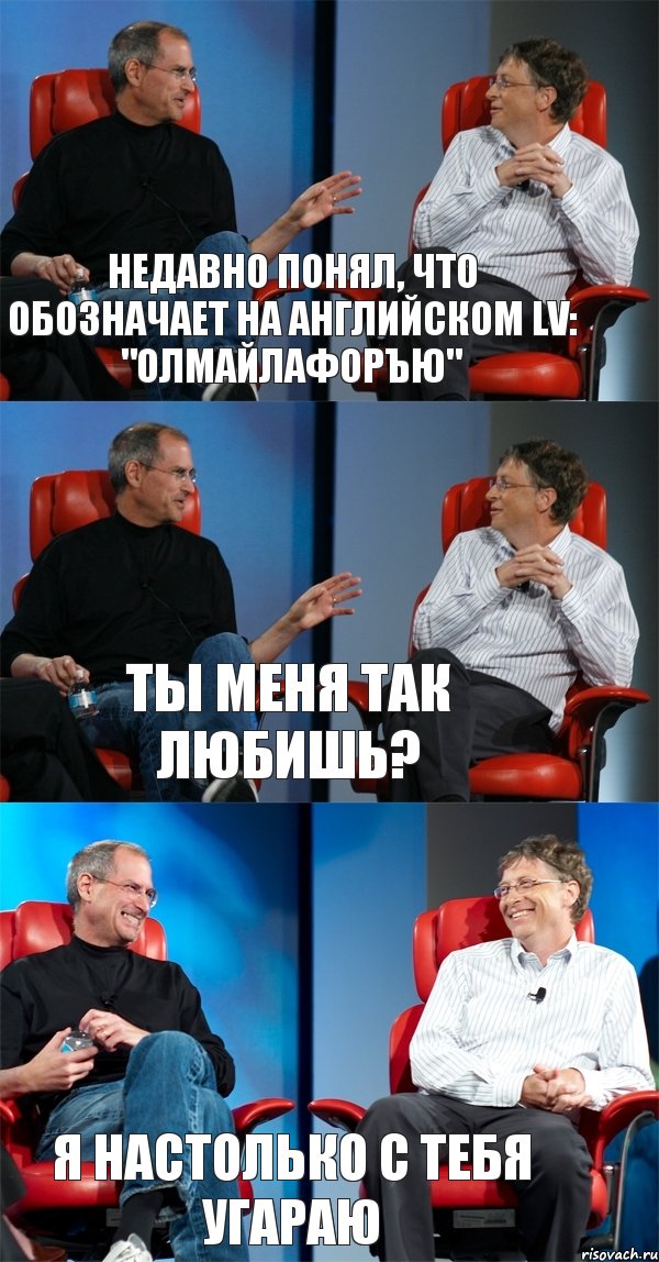 Недавно понял, что обозначает на английском LV: "Олмайлафоръю" Ты меня так любишь? Я настолько с тебя угараю