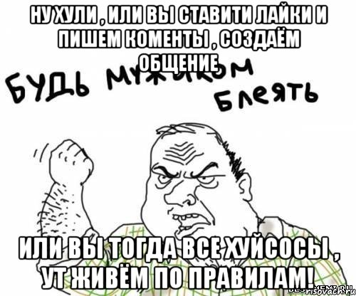 ну хули , или вы ставити лайки и пишем коменты , создаём общение или вы тогда все хуйсосы , ут живём по правилам!, Мем блять