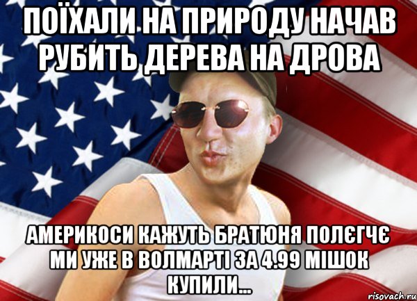 поїхали на природу начав рубить дерева на дрова америкоси кажуть братюня полєгчє ми уже в волмарті за 4.99 мішок купили..., Мем brandnewsiryoga