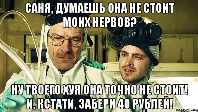 Саня, думаешь она не стоит моих нервов? Ну твоего хуя она точно не стоит! И, кстати, забери 40 рублей!