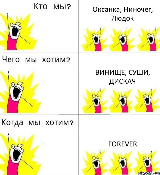 Оксанка, Ниночег, Людок Винище, суши, дискач Forever, Комикс Что мы хотим