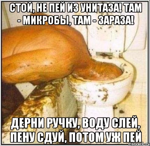 стой, не пей из унитаза! там - микробы, там - зараза! дерни ручку, воду слей, пену сдуй, потом уж пей