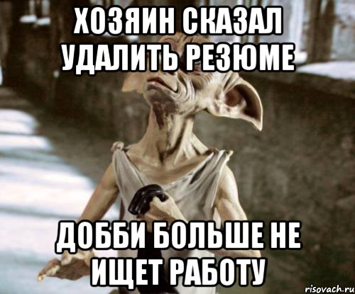 Хозяин сказал удалить резюме ДОББИ БОЛЬШЕ НЕ ИЩЕТ РАБОТУ, Мем добби