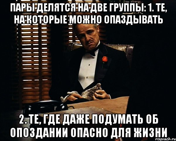 пары делятся на две группы: 1. те, на которые можно опаздывать 2. те, где даже подумать об опоздании опасно для жизни, Мем Дон Вито Корлеоне