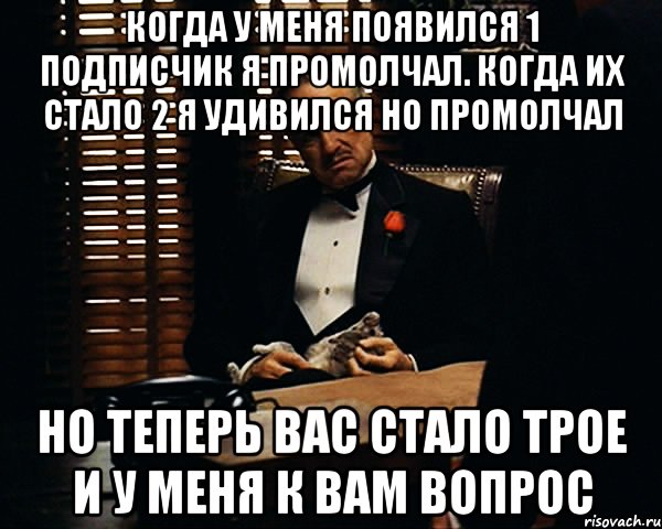 когда у меня появился 1 подписчик я промолчал. когда их стало 2 я удивился но промолчал но теперь вас стало трое и у меня к вам вопрос, Мем Дон Вито Корлеоне