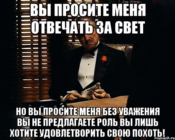 ВЫ ПРОСИТЕ МЕНЯ ОТВЕЧАТЬ ЗА СВЕТ НО ВЫ ПРОСИТЕ МЕНЯ БЕЗ УВАЖЕНИЯ ВЫ НЕ ПРЕДЛАГАЕТЕ РОЛЬ ВЫ ЛИШЬ ХОТИТЕ УДОВЛЕТВОРИТЬ СВОЮ ПОХОТЬ!, Мем Дон Вито Корлеоне