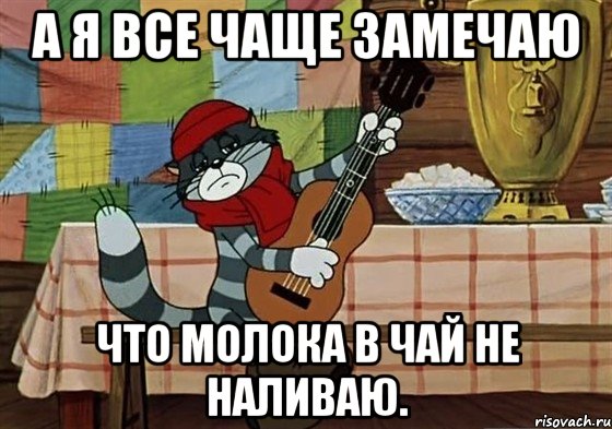 а я все чаще замечаю что молока в чай не наливаю., Мем Грустный Матроскин с гитарой