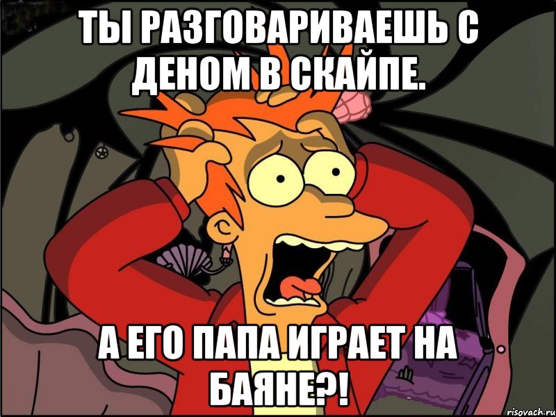 ты разговариваешь с деном в скайпе. а его папа играет на баяне?!, Мем Фрай в панике