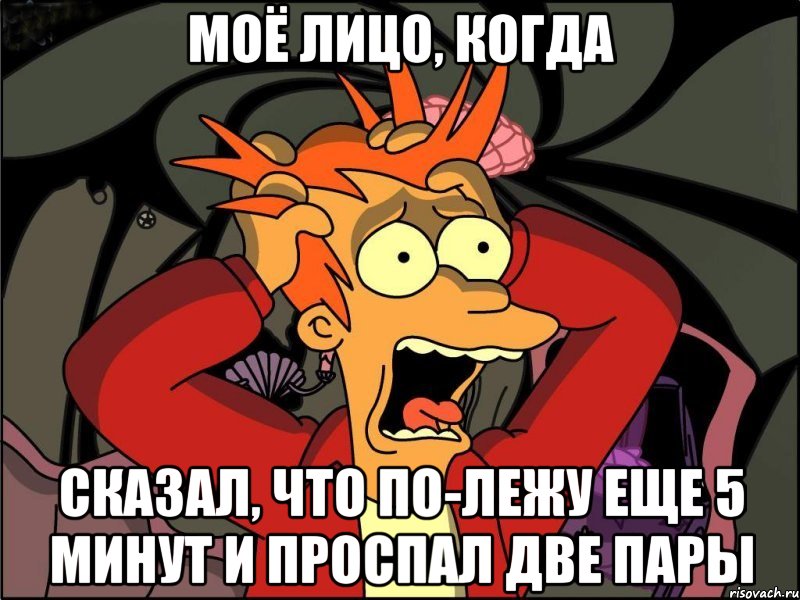 моё лицо, когда сказал, что по-лежу еще 5 минут и проспал две пары, Мем Фрай в панике