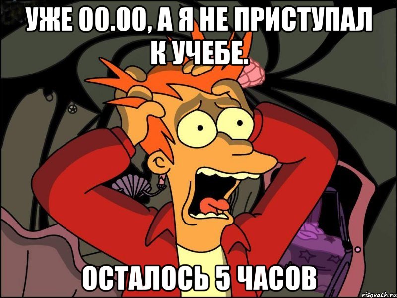 уже 00.00, а я не приступал к учебе. осталось 5 часов, Мем Фрай в панике