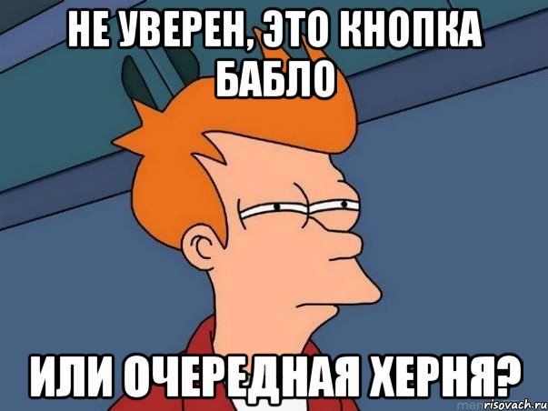 не уверен, это кнопка бабло или очередная херня?, Мем  Фрай (мне кажется или)