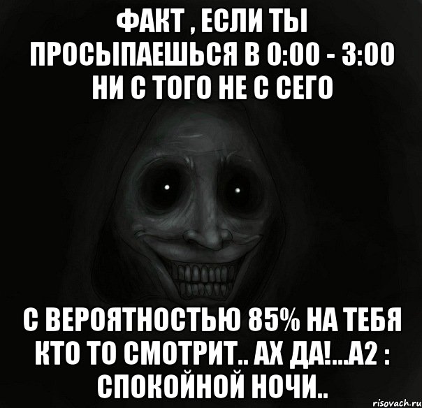 Факт , если ты просыпаешься в 0:00 - 3:00 ни с того не с сего с вероятностью 85% на тебя кто то смотрит.. Ах да!...A2 : спокойной ночи.., Мем Ночной гость