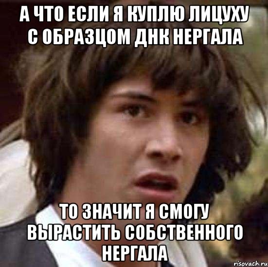 А ЧТО ЕСЛИ Я КУПЛЮ ЛИЦУХУ С ОБРАЗЦОМ ДНК НЕРГАЛА ТО ЗНАЧИТ Я СМОГУ ВЫРАСТИТЬ СОБСТВЕННОГО НЕРГАЛА, Мем А что если (Киану Ривз)