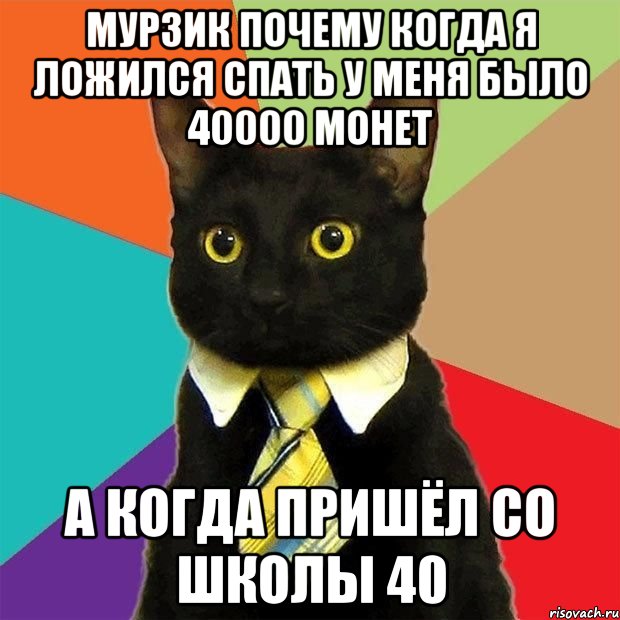 Мурзик почему когда я ложился спать у меня было 40000 монет А когда пришёл со школы 40, Мем  Кошечка