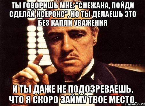 ты говоришь мне: "снежана, пойди сделай ксерокс", но ты делаешь это без капли уважения и ты даже не подозреваешь, что я скоро займу твое место., Мем крестный отец