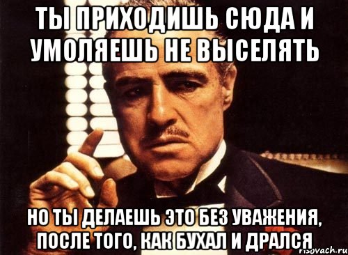 ты приходишь сюда и умоляешь не выселять но ты делаешь это без уважения, после того, как бухал и дрался, Мем крестный отец