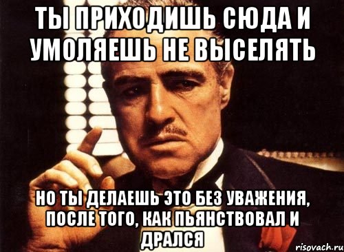 ты приходишь сюда и умоляешь не выселять но ты делаешь это без уважения, после того, как пьянствовал и дрался, Мем крестный отец