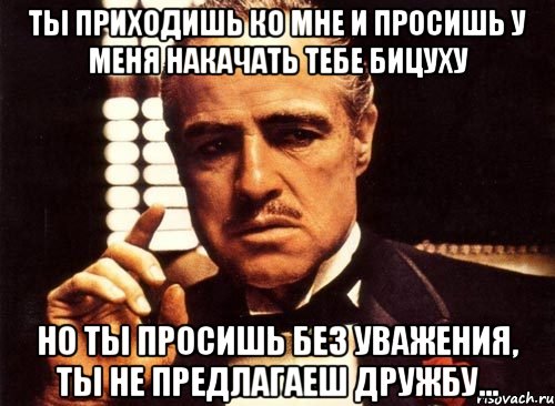 ты приходишь ко мне и просишь у меня накачать тебе бицуху но ты просишь без уважения, ты не предлагаеш дружбу..., Мем крестный отец