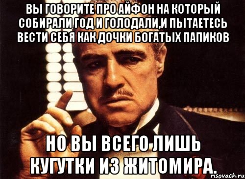 вы говорите про айфон на который собирали год и голодали,и пытаетесь вести себя как дочки богатых папиков но вы всего лишь кугутки из житомира., Мем крестный отец