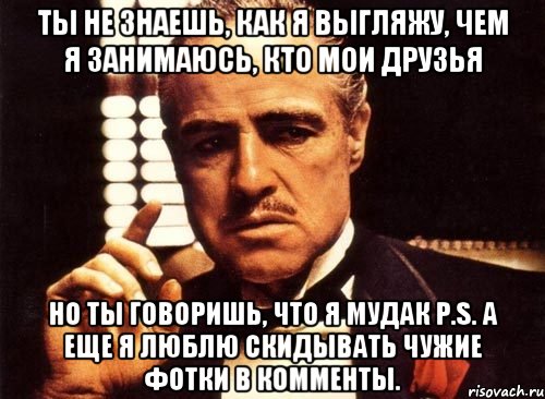 ты не знаешь, как я выгляжу, чем я занимаюсь, кто мои друзья но ты говоришь, что я мудак p.s. а еще я люблю скидывать чужие фотки в комменты., Мем крестный отец