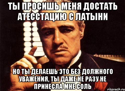 ты просишь меня достать атесстацию с латыни но ты делаешь это без должного уважения, ты даже не разу не принесла мне соль, Мем крестный отец