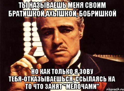 Ты называешь меня своим братишкой,ахышкой, бобришкой Но как только я зову тебя-отказываешься, ссылаясь на то что занят "Мелочами", Мем крестный отец