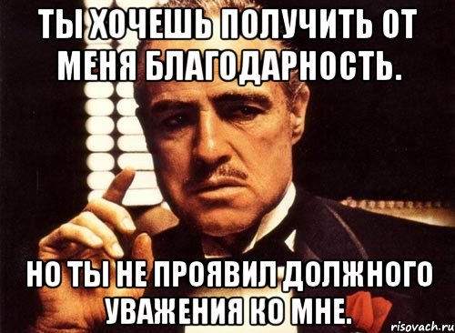 Ты хочешь получить от меня благодарность. Но ты не проявил должного уважения ко мне., Мем крестный отец