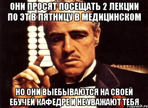 они просят посещать 2 лекции по ЭТ в пятницу в медицинском но они выебываются на своей ебучей кафедре и не уважают тебя, Мем крестный отец