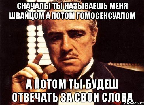 сначалы ты называешь меня швайцом а потом гомосексуалом а потом ты будеш отвечать за свои слова, Мем крестный отец