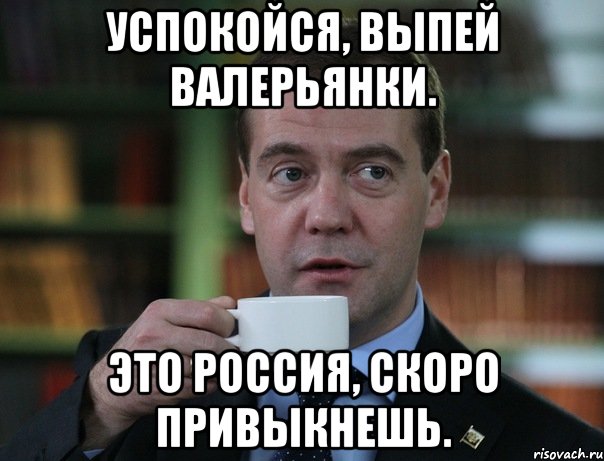 успокойся, выпей валерьянки. это россия, скоро привыкнешь., Мем Медведев спок бро