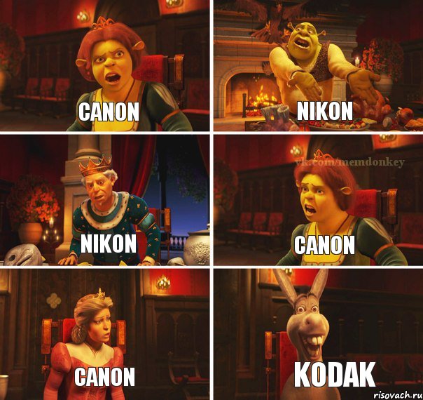 Canon Nikon Nikon Canon Canon Kodak, Комикс  Шрек Фиона Гарольд Осел