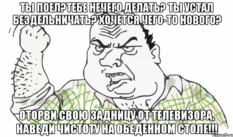 ты поел?тебе нечего делать? ты устал бездельничать? хочется чего-то нового? оторви свою задницу от телевизора, наведи чистоту на обеденном столе!!!