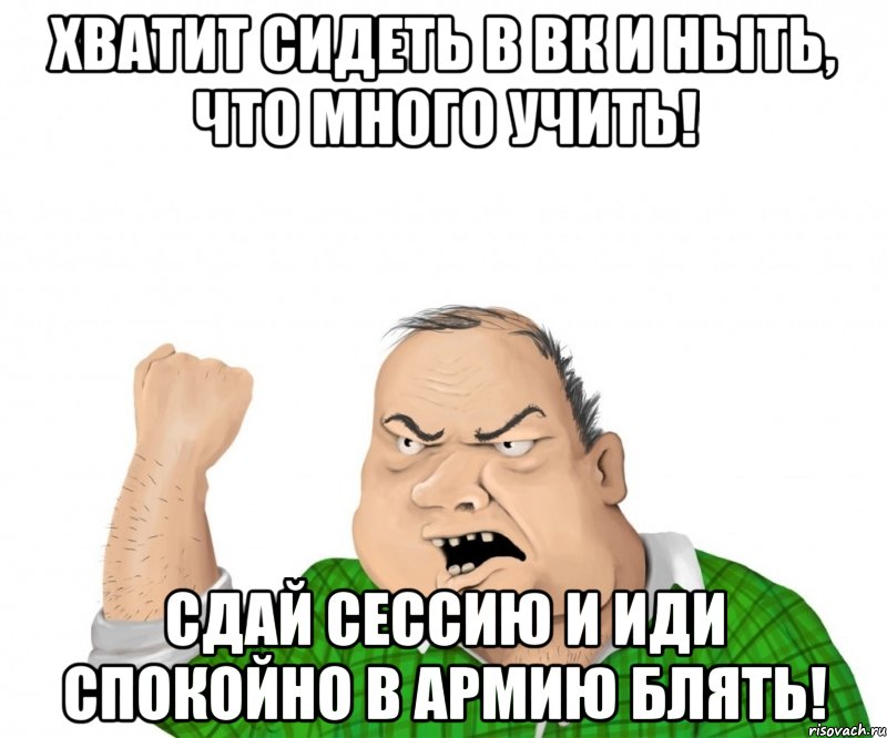 хватит сидеть в вк и ныть, что много учить! сдай сессию и иди спокойно в армию блять!, Мем мужик