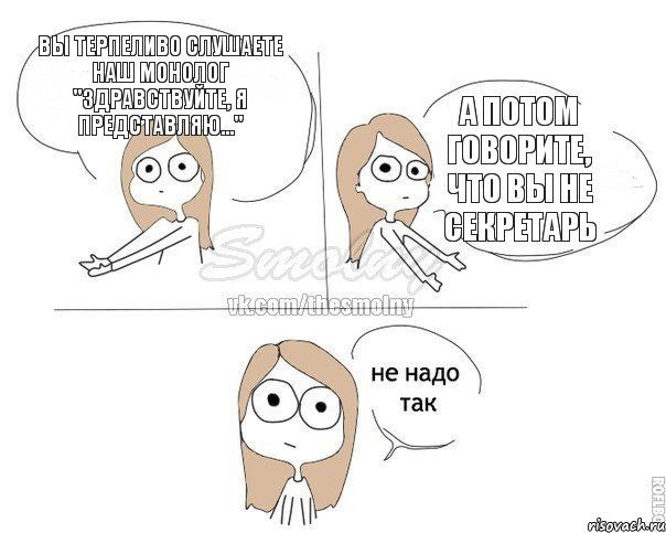 Вы терпеливо слушаете наш монолог "Здравствуйте, я представляю..." а потом говорите, что Вы не секретарь, Комикс Не надо так 2 зоны