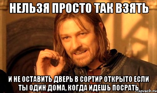 НЕЛЬЗЯ ПРОСТО ТАК ВЗЯТЬ И НЕ ОСТАВИТЬ ДВЕРЬ В СОРТИР ОТКРЫТО ЕСЛИ ТЫ ОДИН ДОМА, КОГДА ИДЕШЬ ПОСРАТЬ, Мем Нельзя просто так взять и (Боромир мем)
