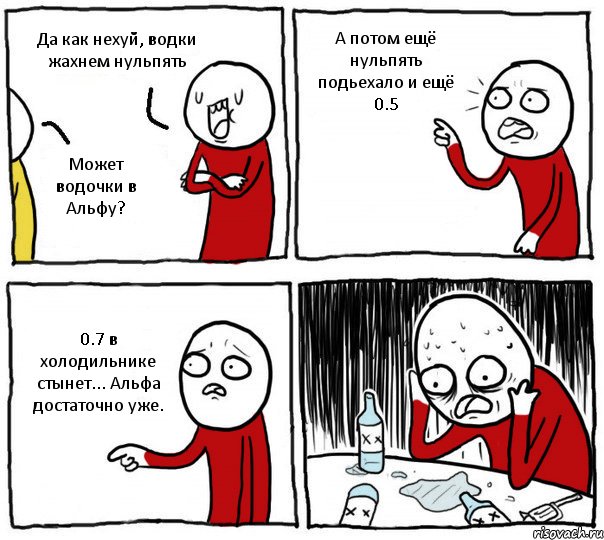 Да как нехуй, водки жахнем нульпять Может водочки в Альфу? А потом ещё нульпять подьехало и ещё 0.5 0.7 в холодильнике стынет... Альфа достаточно уже., Комикс Но я же