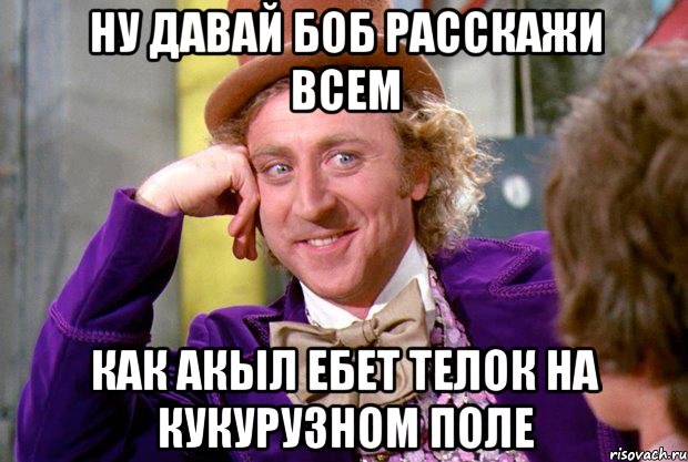 Ну давай Боб расскажи всем как Акыл ебет телок на кукурузном поле, Мем Ну давай расскажи (Вилли Вонка)