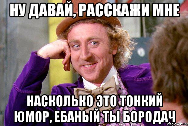 Ну давай, расскажи мне насколько это тонкий юмор, ебаный ты бородач, Мем Ну давай расскажи (Вилли Вонка)