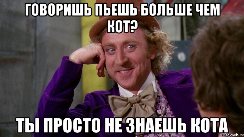говоришь пьешь больше чем кот? ты просто не знаешь кота, Мем Ну давай расскажи (Вилли Вонка)