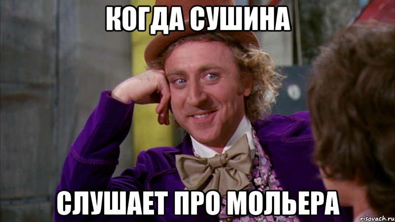 когда сушина слушает про мольера, Мем Ну давай расскажи (Вилли Вонка)