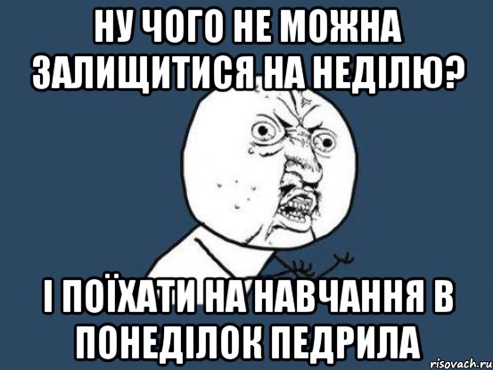 НУ ЧОГО НЕ МОЖНА ЗАЛИЩИТИСЯ НА НЕДІЛЮ? І ПОЇХАТИ НА НАВЧАННЯ В ПОНЕДІЛОК ПЕДРИЛА, Мем Ну почему