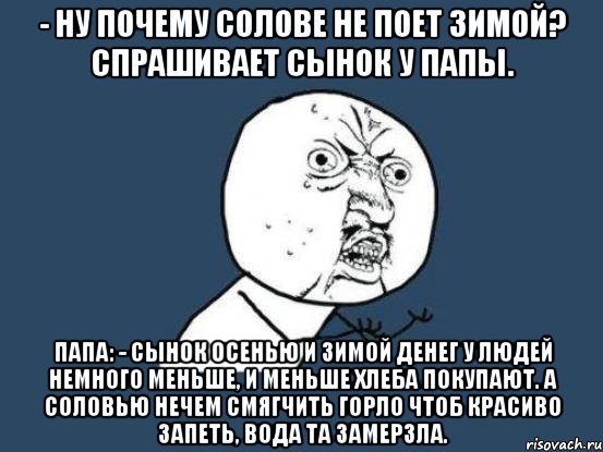 - Ну почему солове не поет зимой? Спрашивает сынок у папы. Папа: - сынок осенью и зимой денег у людей немного меньше, и меньше хлеба покупают. А соловью нечем смягчить горло чтоб красиво запеть, вода та замерзла., Мем Ну почему