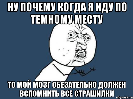 НУ ПОЧЕМУ КОГДА Я ИДУ ПО ТЕМНОМУ МЕСТУ ТО МОЙ МОЗГ ОБЕЗАТЕЛЬНО ДОЛЖЕН ВСПОМНИТЬ ВСЕ СТРАШИЛКИ, Мем Ну почему