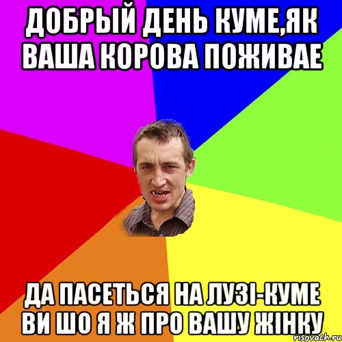 Добрый день куме,як ваша корова поживае Да пасеться на лузі-Куме ви шо я ж про вашу жінку, Мем Чоткий паца